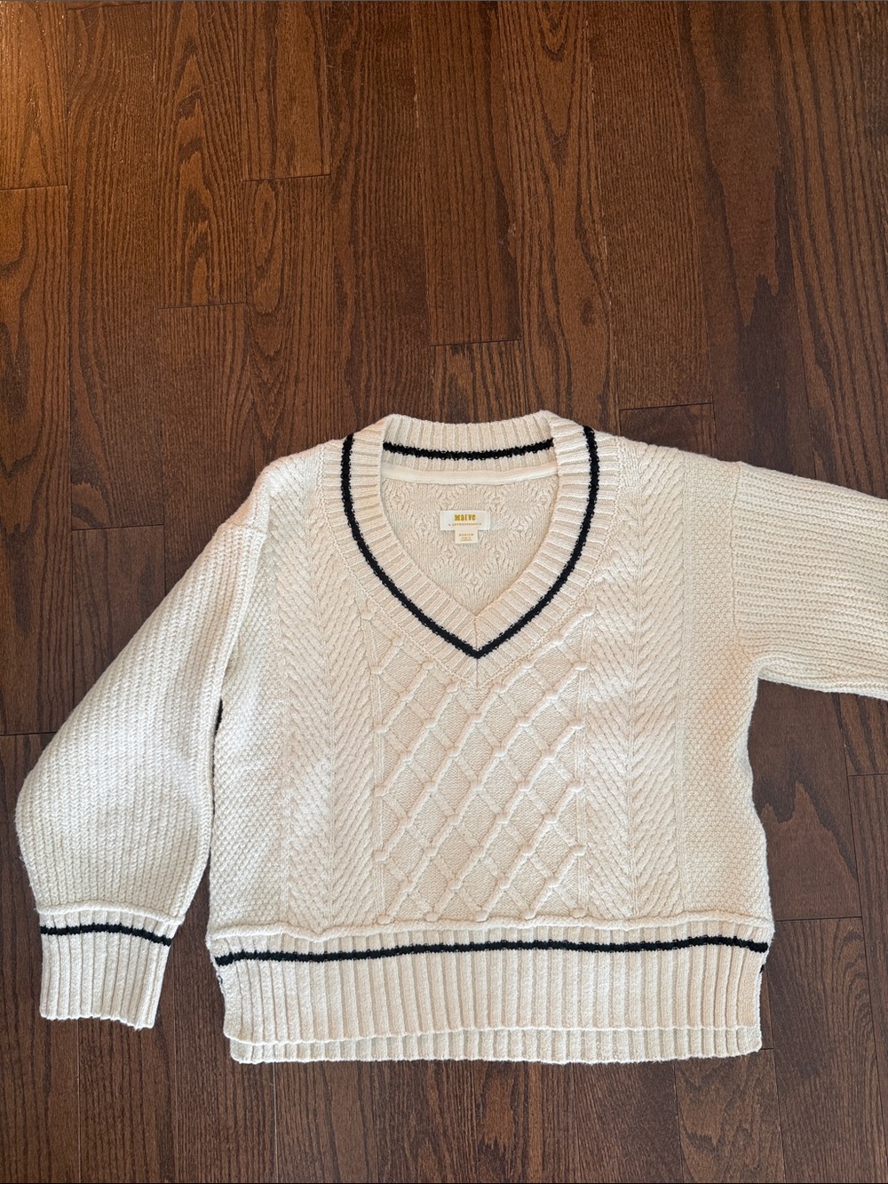 Anthropologie Cream V-Neck Cable Knit Sweater with Black Trim